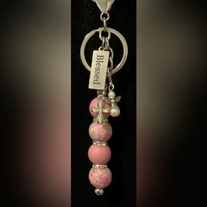 “BLESSED” PURSE KEYCHAIN INCLUDES CROSS, ANGEL & MESSAGE CHARMS HANDMADE